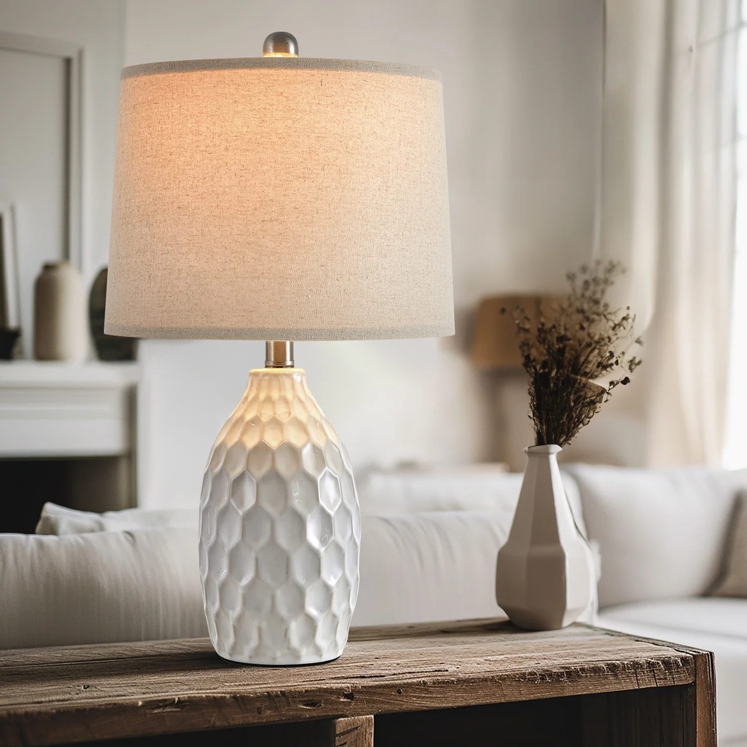 Modern White Ceramic Table Lamps Set of 2 Industrial Metal 21.5" Bedside Nightstand Lamp for Living Room Bedroom - Image 8