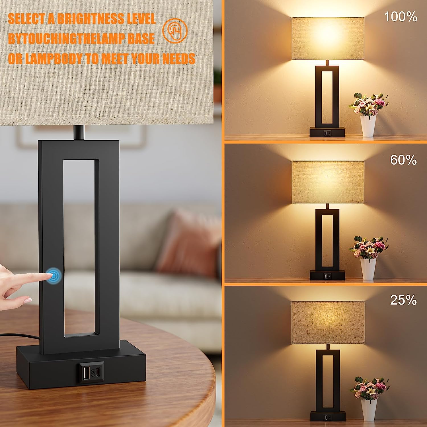 Touch Bedside Lamps with USB - Image 3