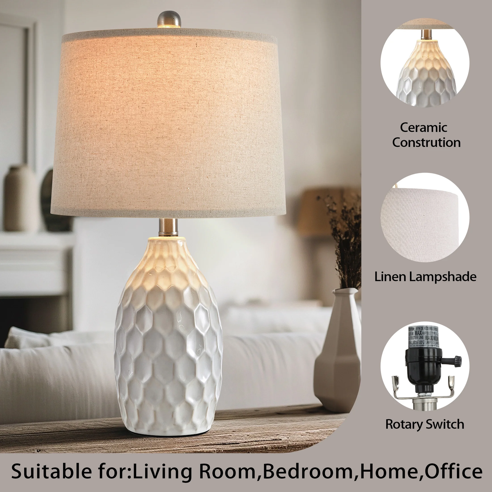 Modern White Ceramic Table Lamps Set of 2 Industrial Metal 21.5" Bedside Nightstand Lamp for Living Room Bedroom - Image 2