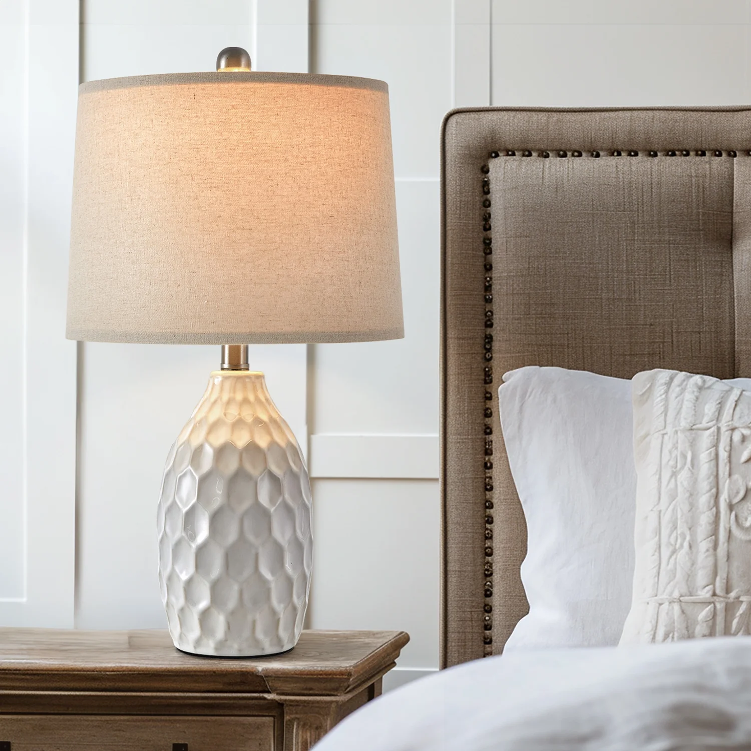 Modern White Ceramic Table Lamps Set of 2 Industrial Metal 21.5" Bedside Nightstand Lamp for Living Room Bedroom - Image 7